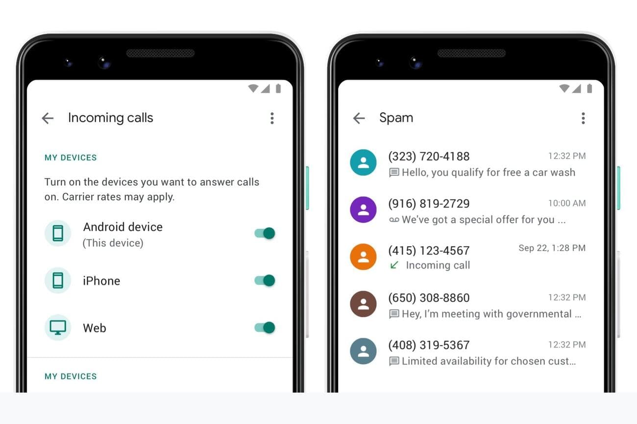 Οθόνες Google Voice για δρομολόγηση κλήσεων και αποκλεισμό ανεπιθύμητων μηνυμάτων.