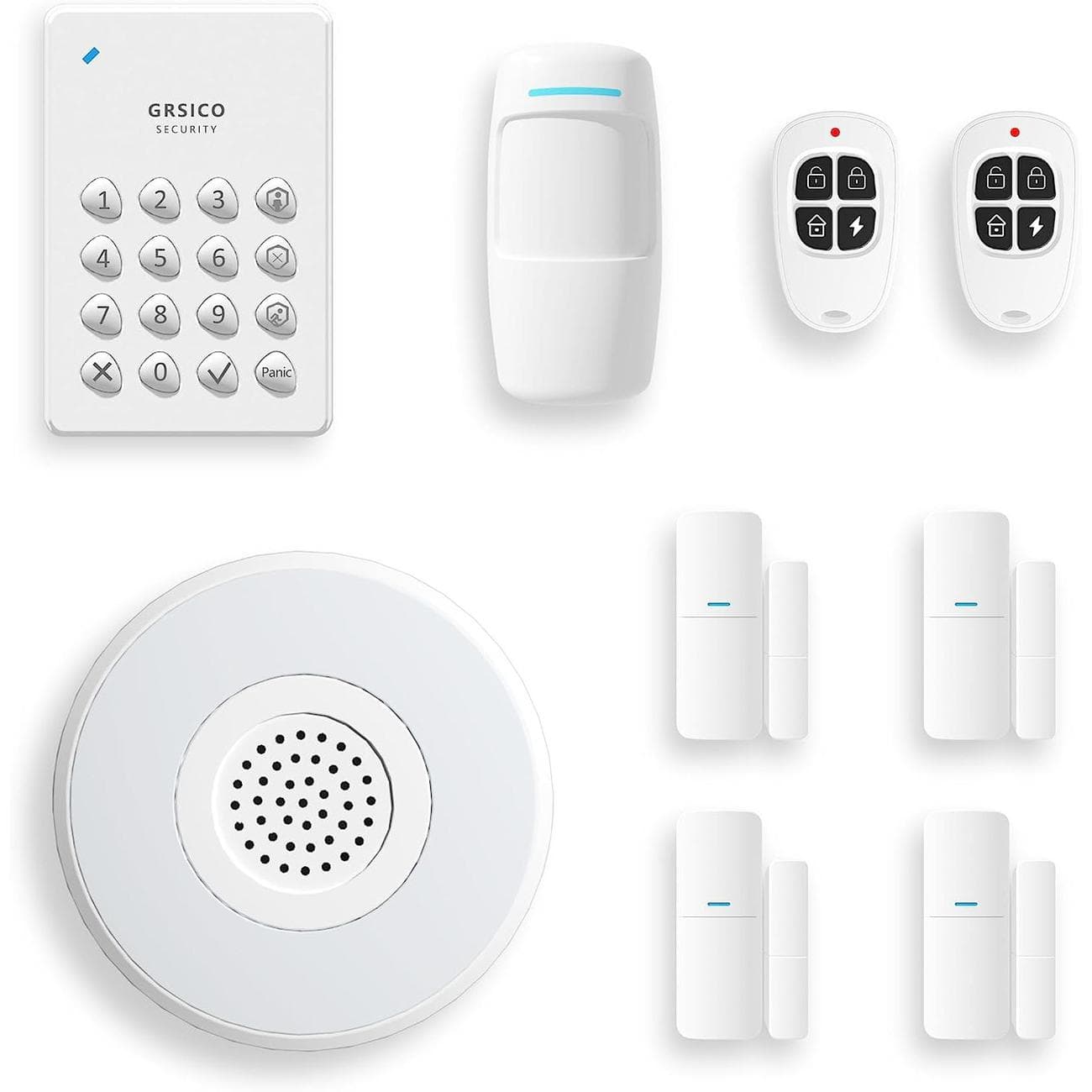 GRISICO 9-Piece Wireless Home Alarm Kit including siren, keyfob, keypad, entry sensors, and motion sensors