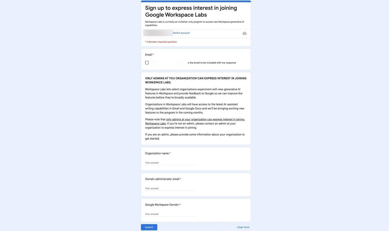 Φόρμα εγγραφής Google για στιγμιότυπο οθόνης Workspace Duet AI