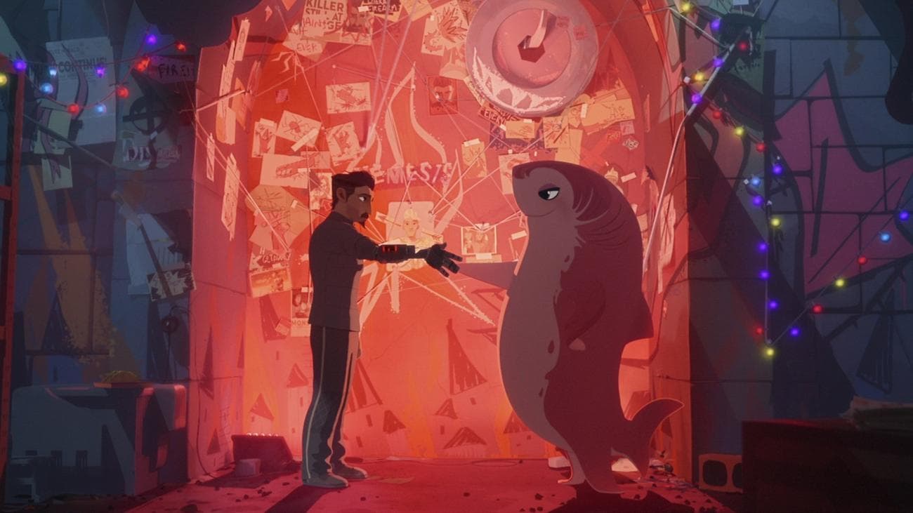 Ένας ιππότης με μαύρη πανοπλία δίνει τα χέρια με έναν ροζ καρχαρία σε ένα σκοτεινό κρησφύγετο.