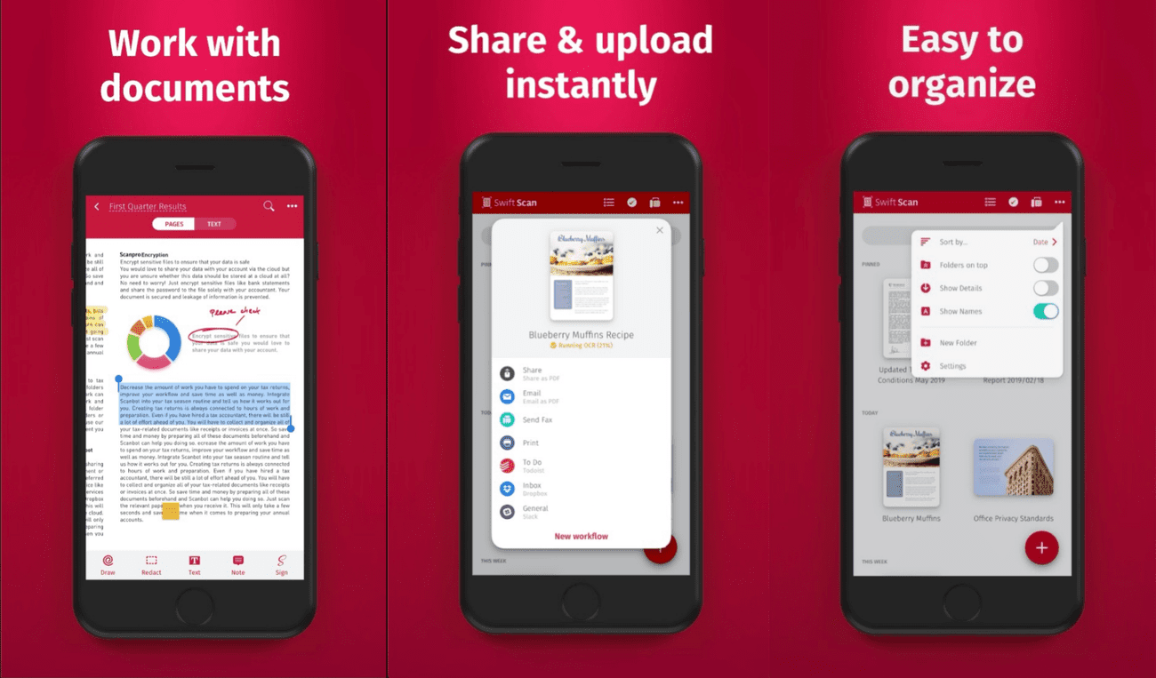 Τρία στιγμιότυπα οθόνης του τρόπου λειτουργίας του SwiftScan