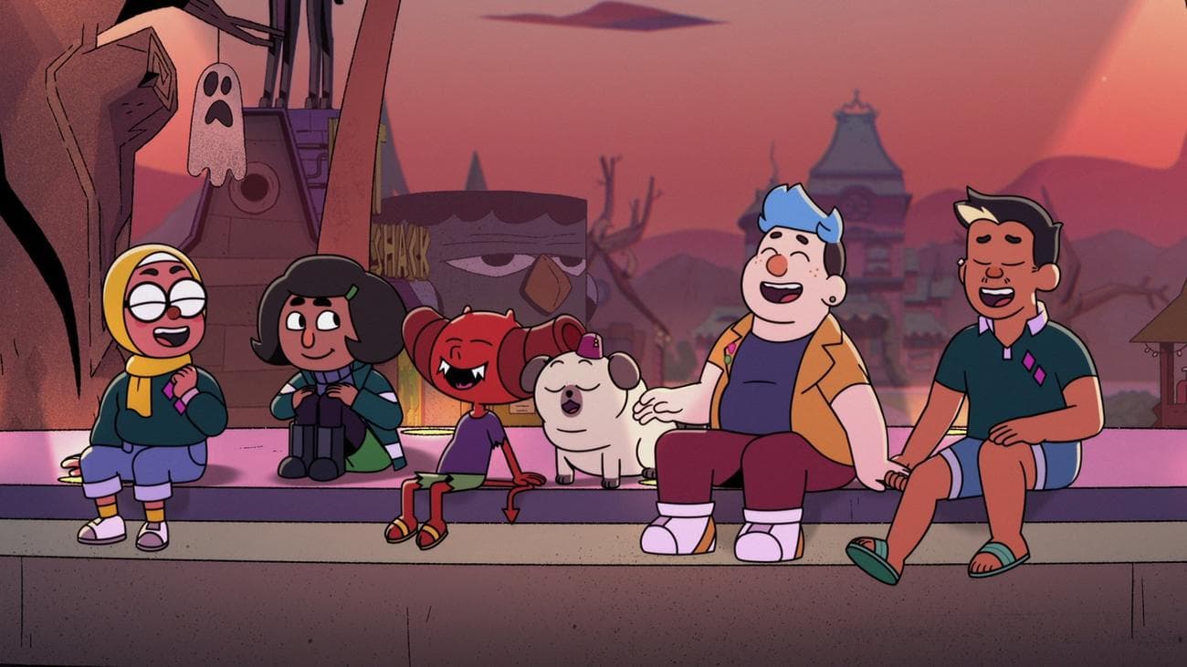 A group of animated characters sit on a bench laughing.