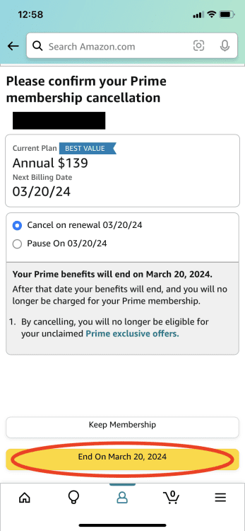 ένα στιγμιότυπο οθόνης της εφαρμογής amazon