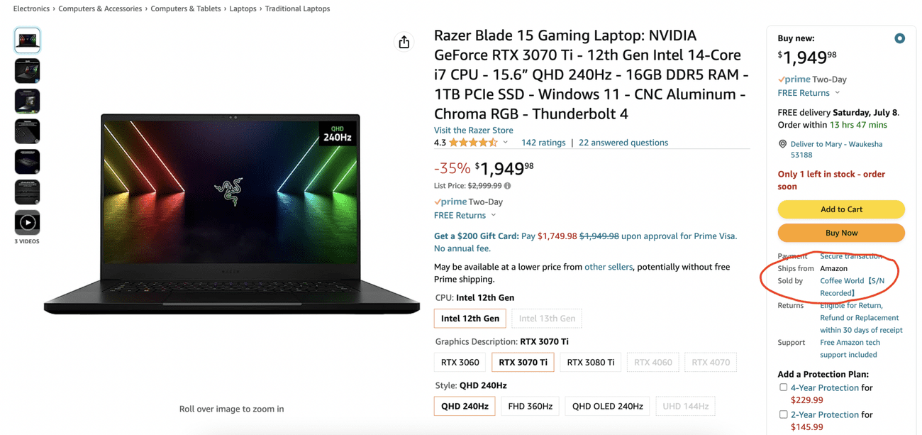 screensot του φορητού υπολογιστή Razer που πωλείται στο amazon