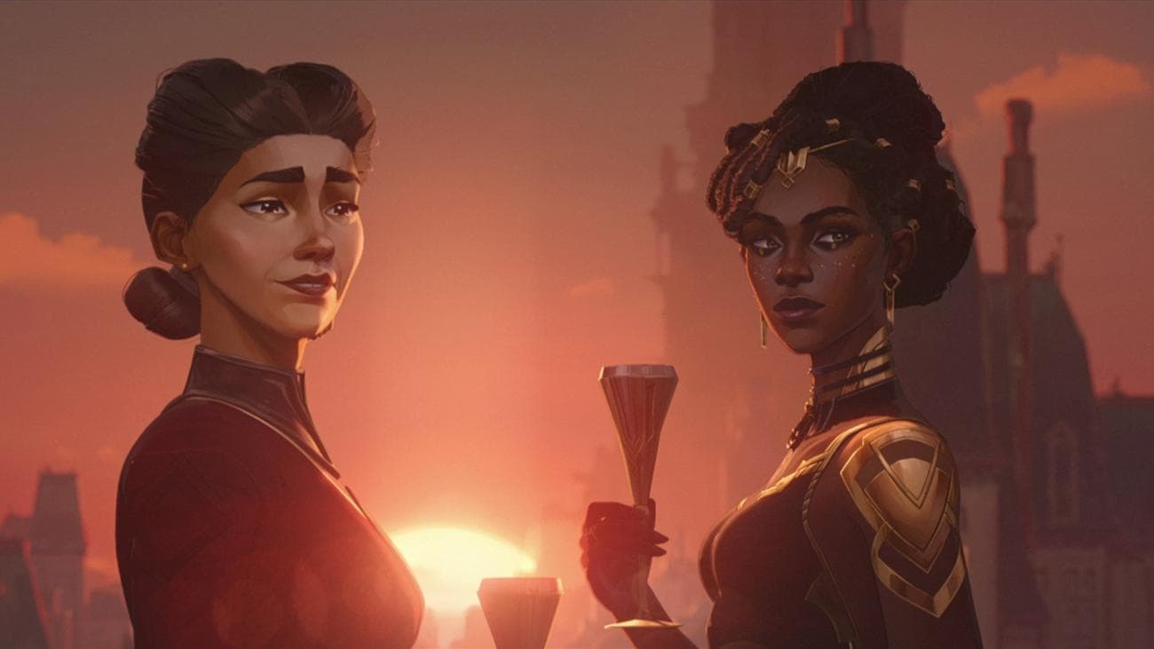 Two animated women stand on a balcony at sunset with champagne glasses.