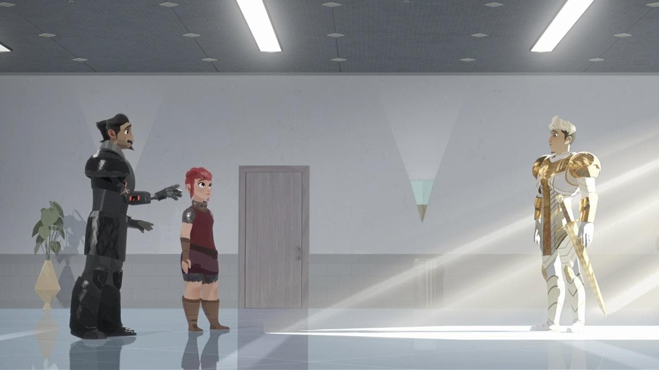 Ένας ιππότης με μαύρη πανοπλία και ένα νεαρό κορίτσι με ροζ μαλλιά στέκονται στον διάδρομο από έναν ιππότη με χρυσή πανοπλία.