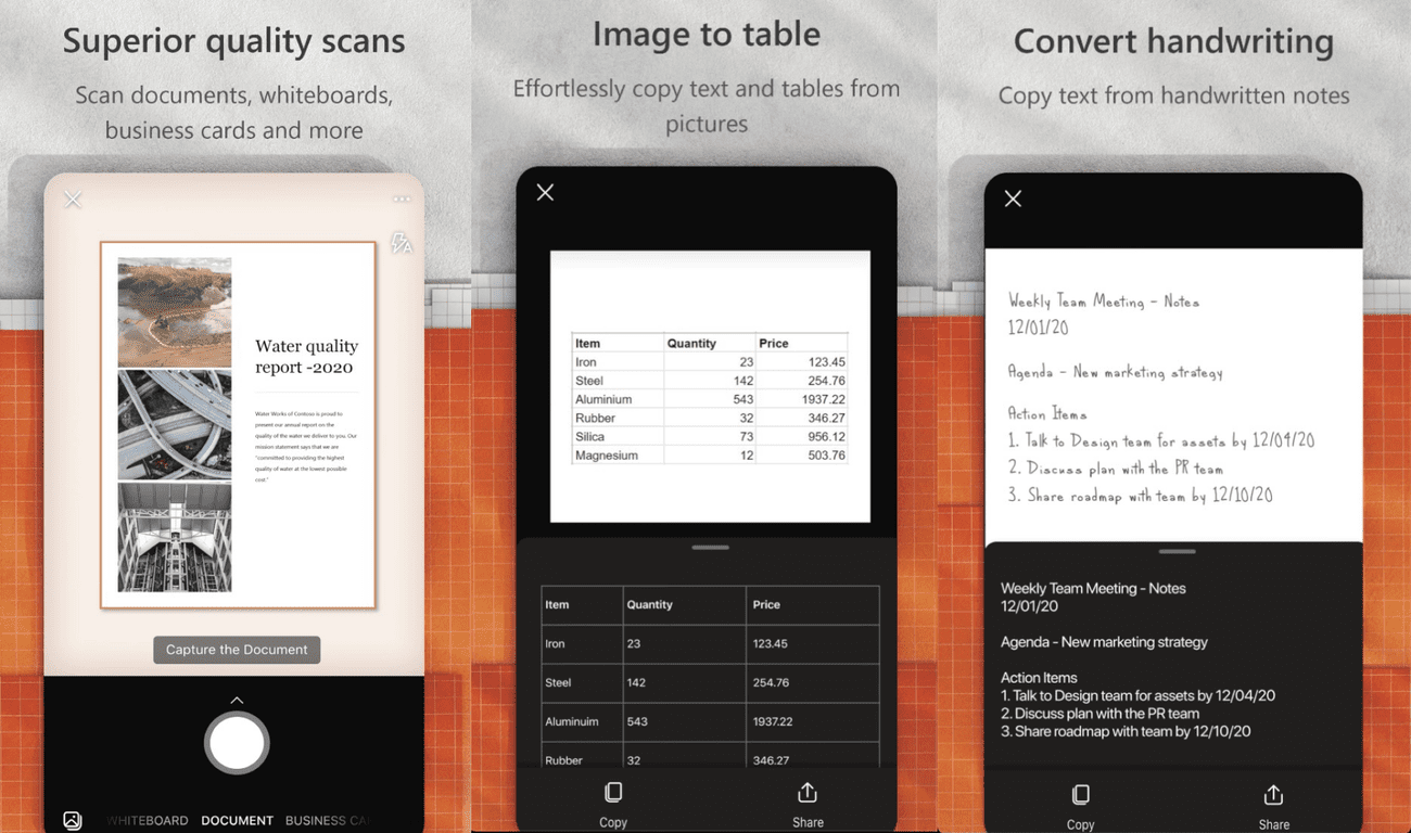 Τρία στιγμιότυπα οθόνης του τρόπου λειτουργίας του Microsoft Office Lens