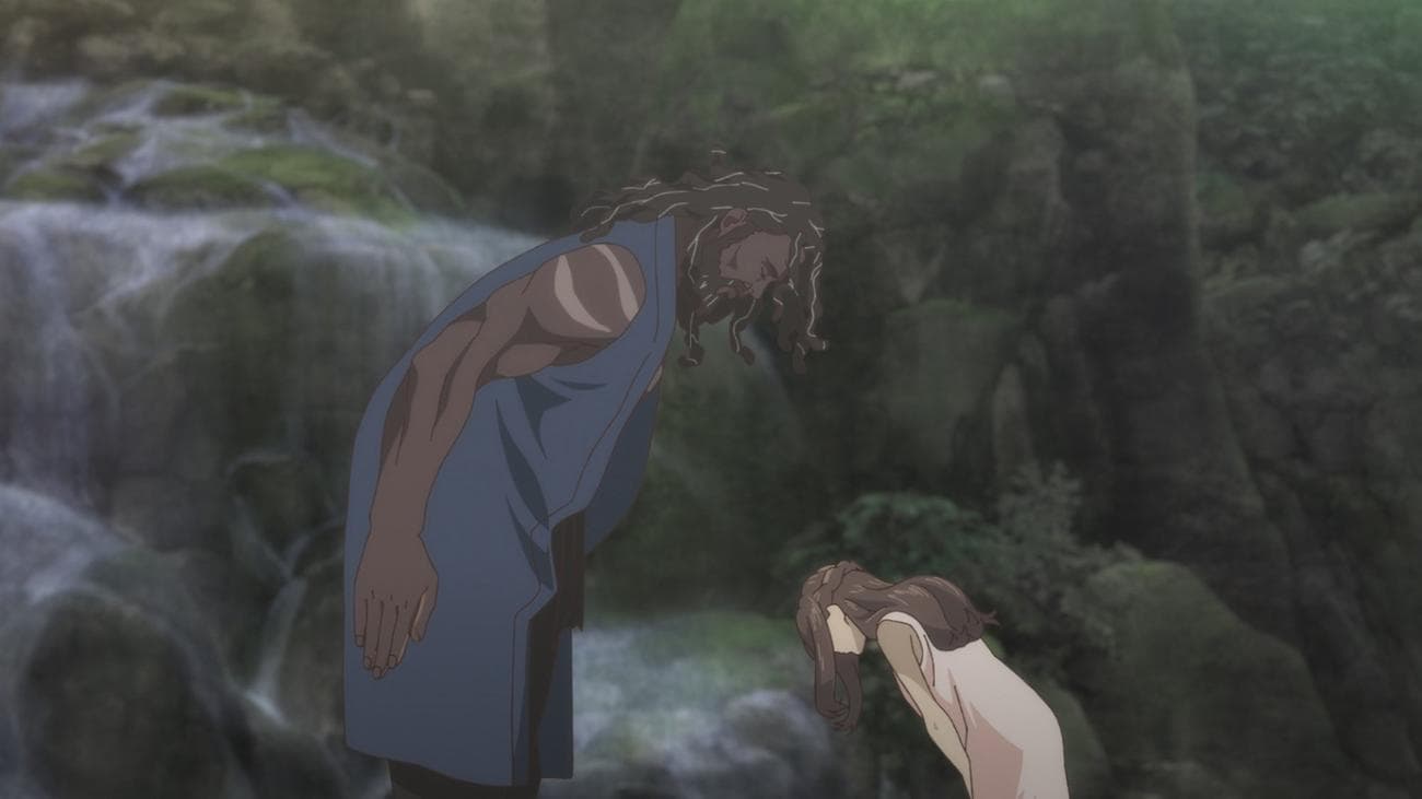 Two animated characters, a man and a girl, bow to each other.