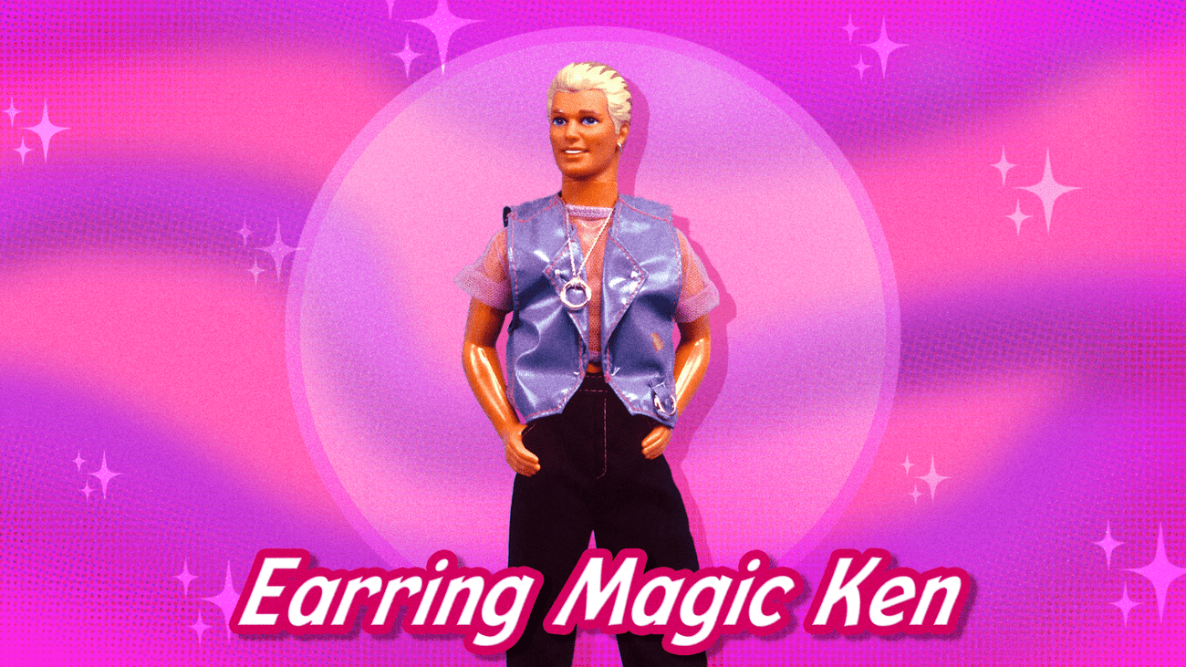 Ροζ φόντο με κούκλα Ken στη μέση. 