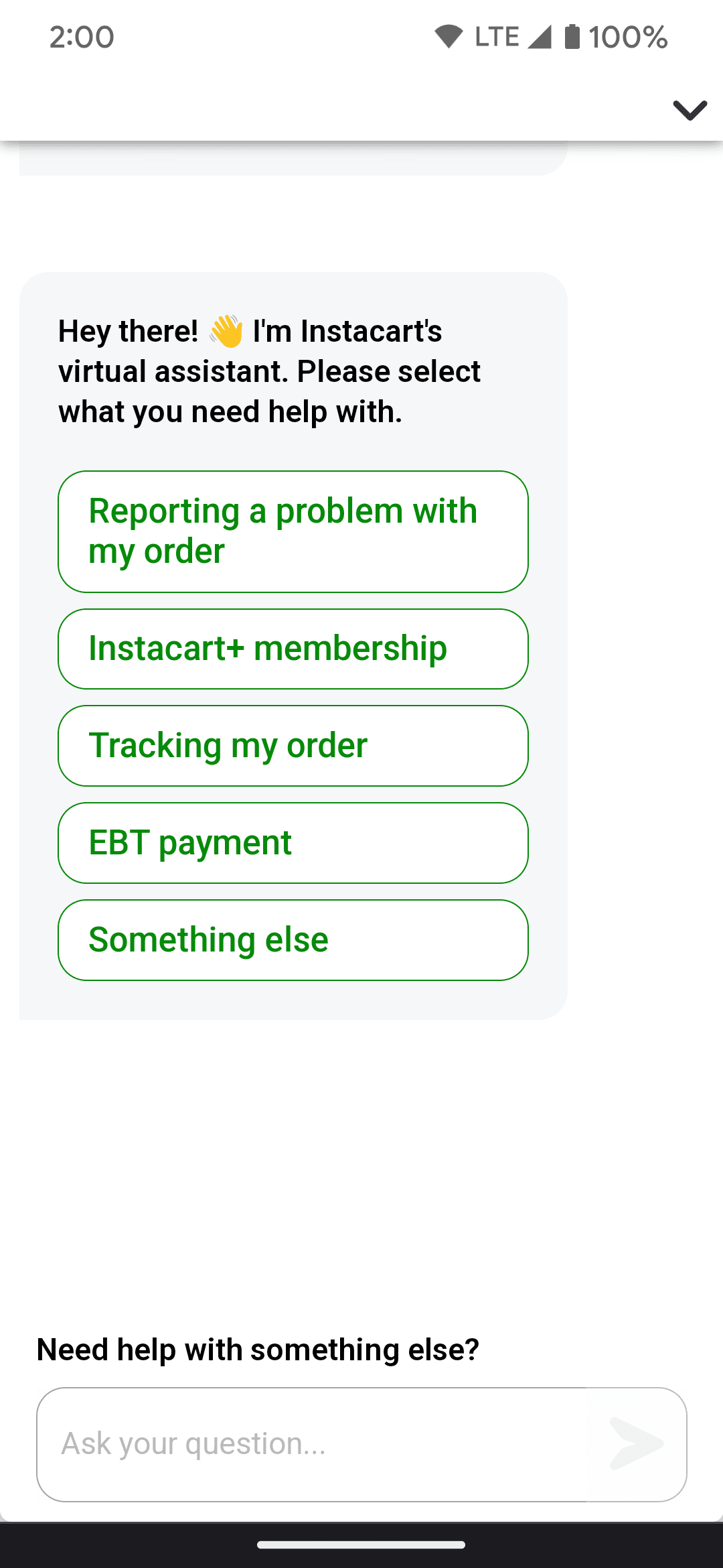 Ένα παράδειγμα για το πώς φαίνεται ο εικονικός βοηθός Instacart από την εφαρμογή.