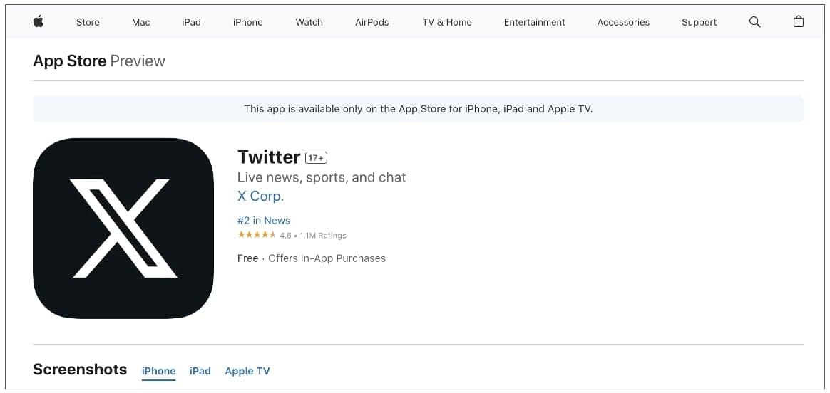 Σελίδα Apple App Store για την εφαρμογή Twitter iOS