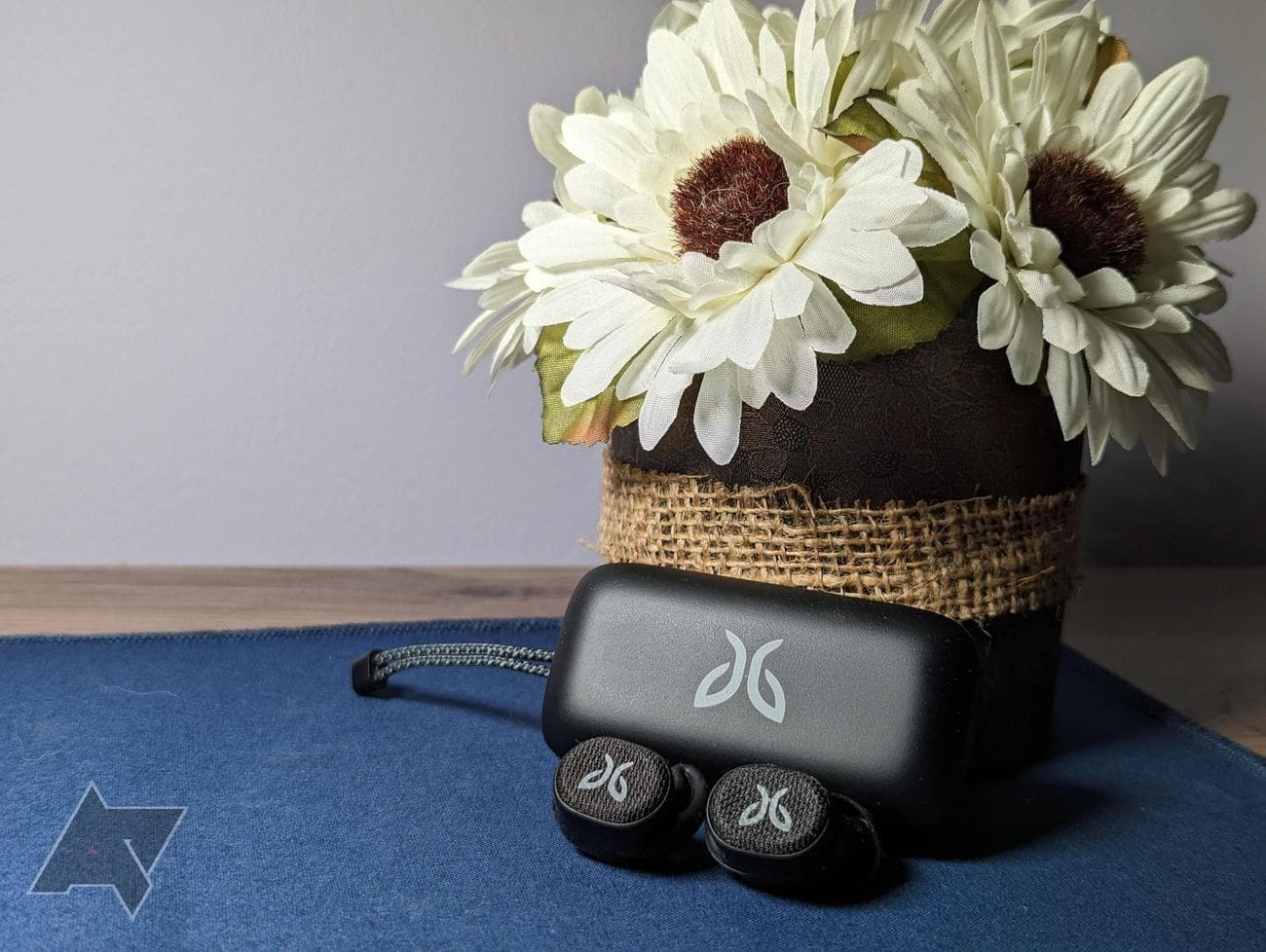 Jaybird Vista 2 buds on a blue mat with flower in background