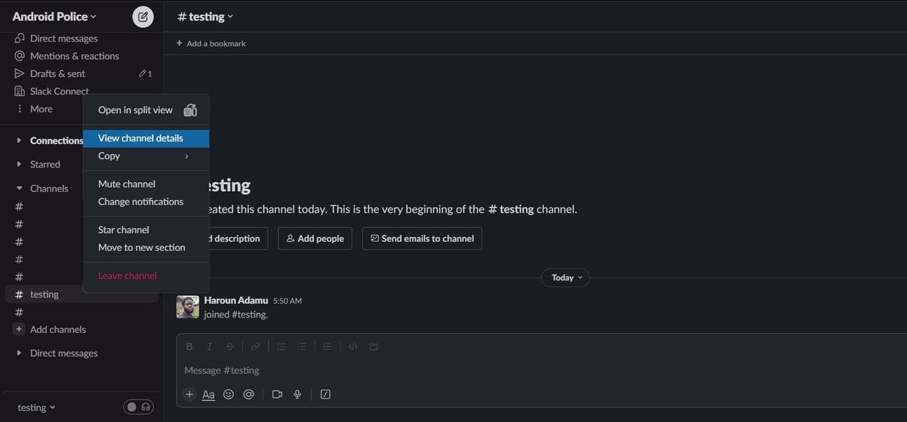 Έλεγχος των λεπτομερειών ενός καναλιού Slack
