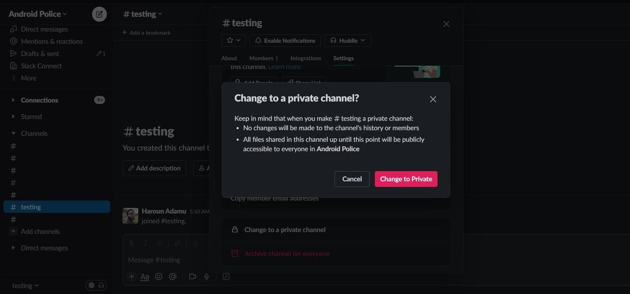 Αλλαγή δημόσιου καναλιού Slack σε ιδιωτικό