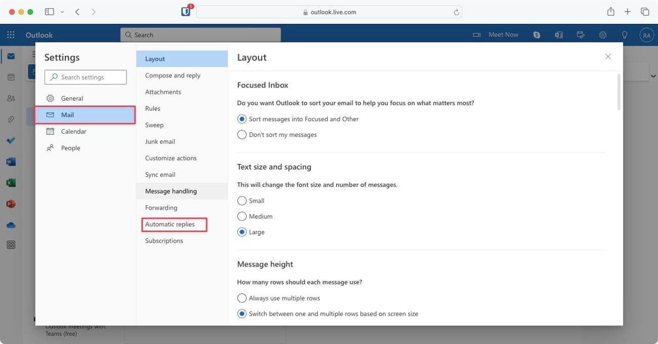 Στιγμιότυπο οθόνης σελίδας ρυθμίσεων εφαρμογής ιστού του Outlook
