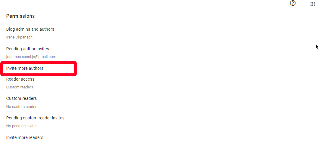 Permissions section in Blogger settings menu