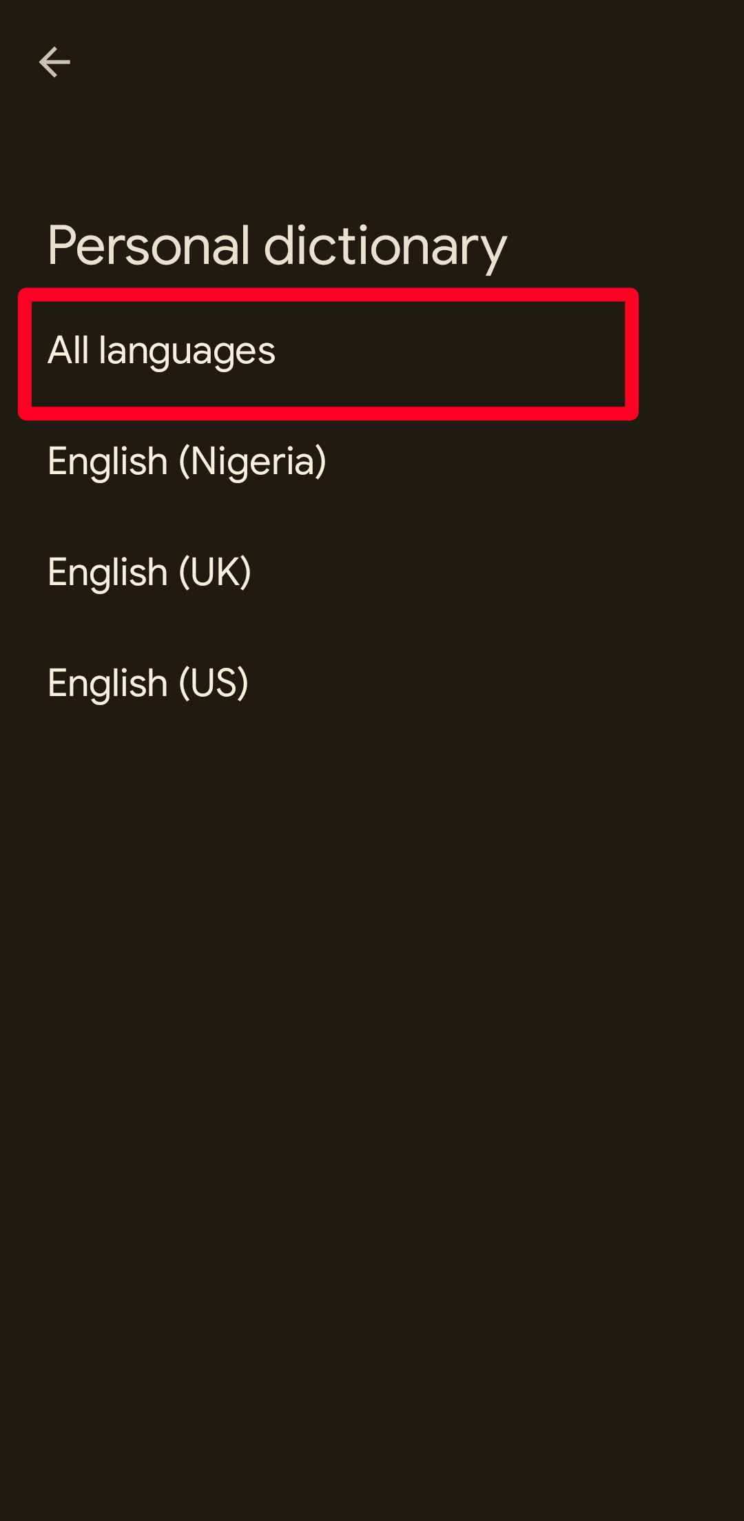 Μενού προσωπικού λεξικού στις ρυθμίσεις του Gboard