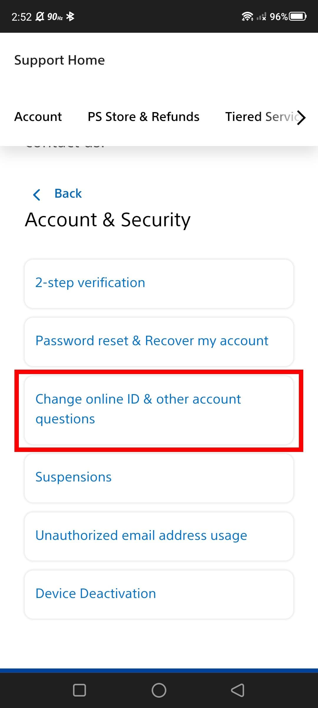 Κόκκινο ορθογώνιο περίγραμμα πάνω από Αλλαγή διαδικτυακού αναγνωριστικού και άλλων ερωτήσεων λογαριασμού στη σελίδα υποστήριξης του PlayStation