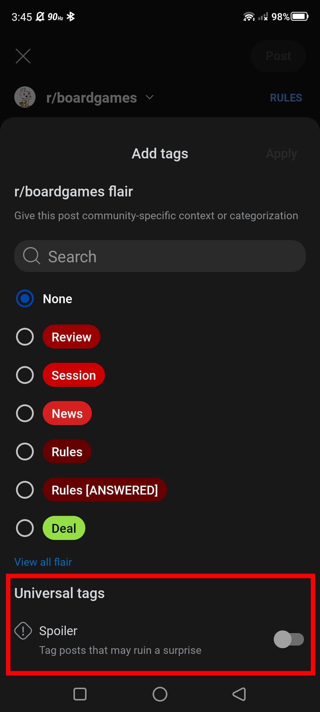 Κόκκινο ορθογώνιο περίγραμμα πάνω από την ενότητα εναλλαγής Spoiler ετικετών Universal στην εφαρμογή Reddit για κινητά