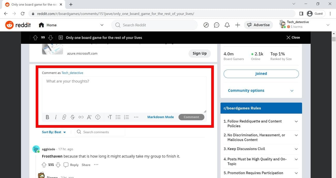 Κόκκινο ορθογώνιο περίγραμμα πάνω από ένα πλαίσιο σχολίων subreddit στο Google Chrome