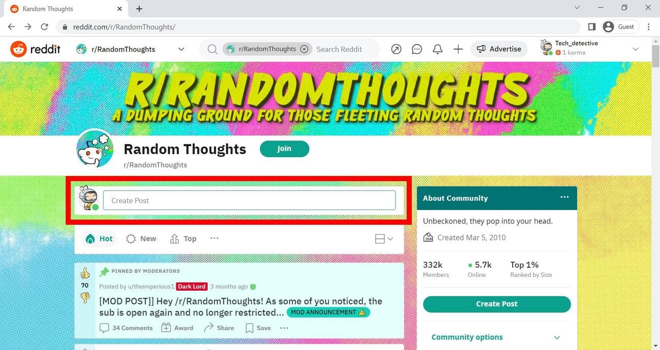 Κόκκινο ορθογώνιο περίγραμμα πάνω από το πλαίσιο Δημιουργία ανάρτησης στο Reddit (Google Chrome)