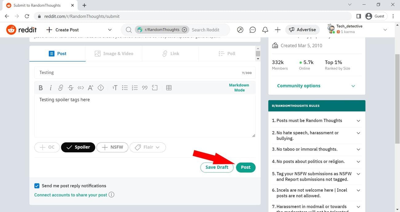Κόκκινο συμπαγές βέλος που δείχνει το κουμπί Δημοσίευση στο Reddit