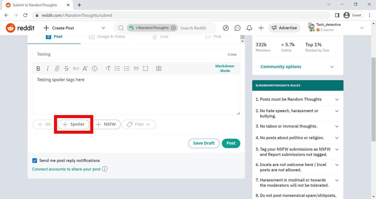 Κόκκινο ορθογώνιο περίγραμμα πάνω από το κουμπί ετικέτας Spoiler σε μια ανάρτηση στο Reddit