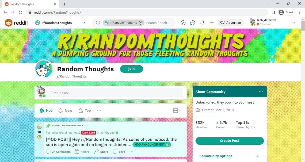 r/RandomThoughts subreddit αρχική σελίδα στο Google Chrome