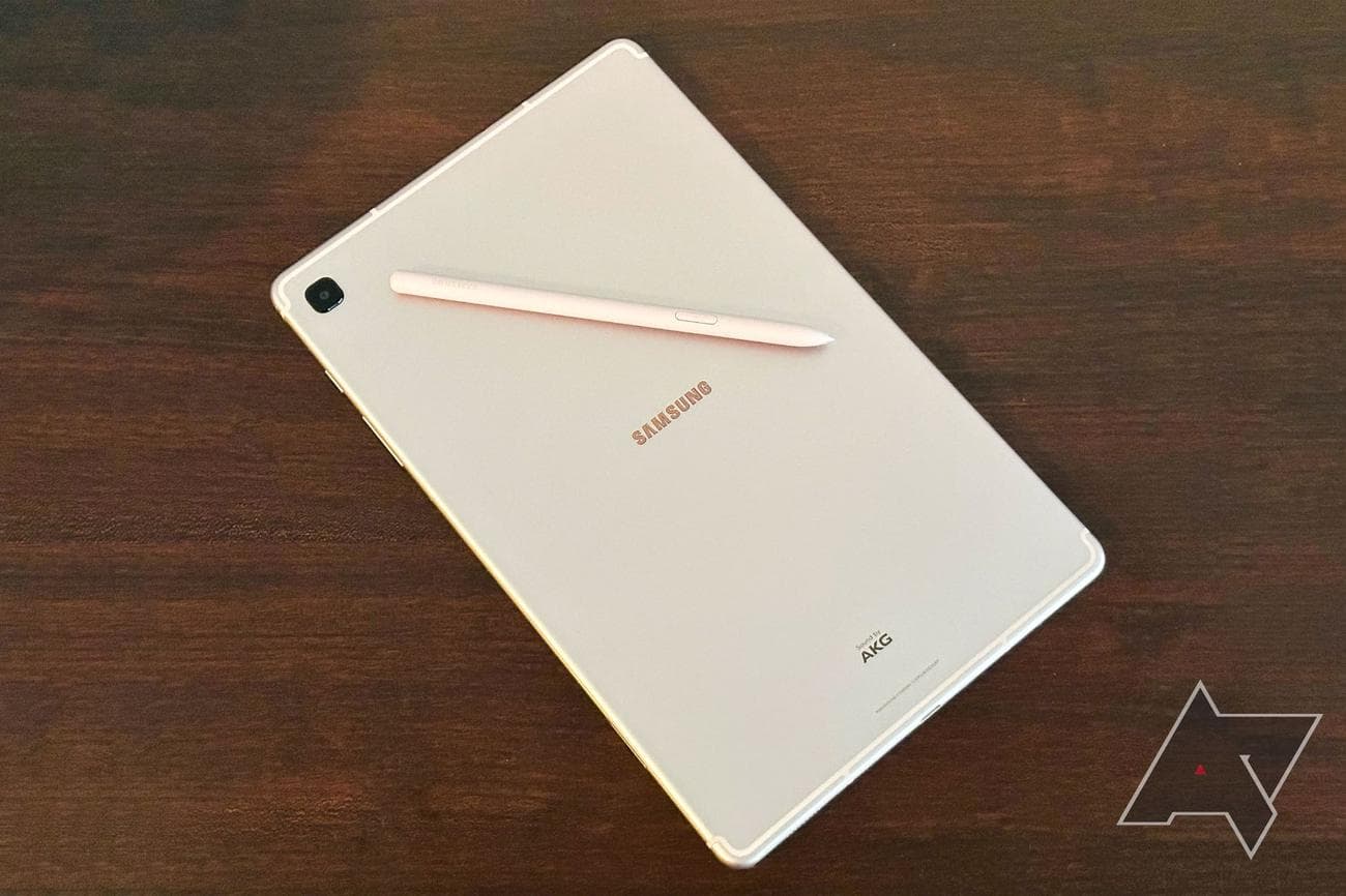 Samsung Galaxy Tab S6 Lite laying face down with S Pen on rear casing.