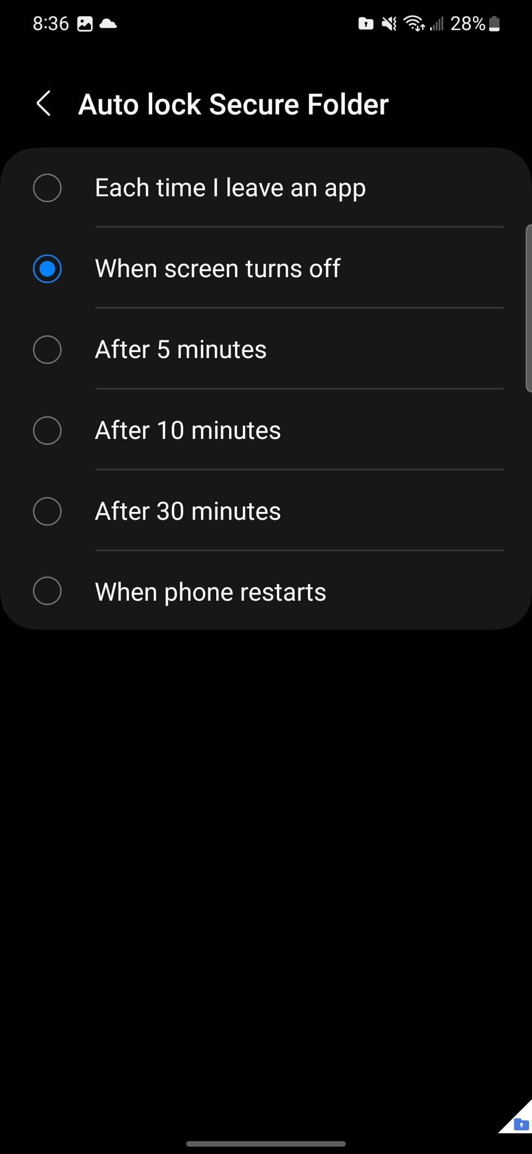 Η ενότητα Αυτόματο κλείδωμα Ασφαλούς φακέλου στις ρυθμίσεις Ασφαλούς φακέλου Samsung