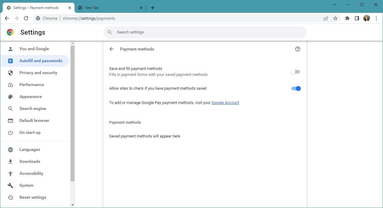 στιγμιότυπο οθόνης του Chrome σε επιτραπέζιο υπολογιστή με ρυθμίσεις τρόπου πληρωμής