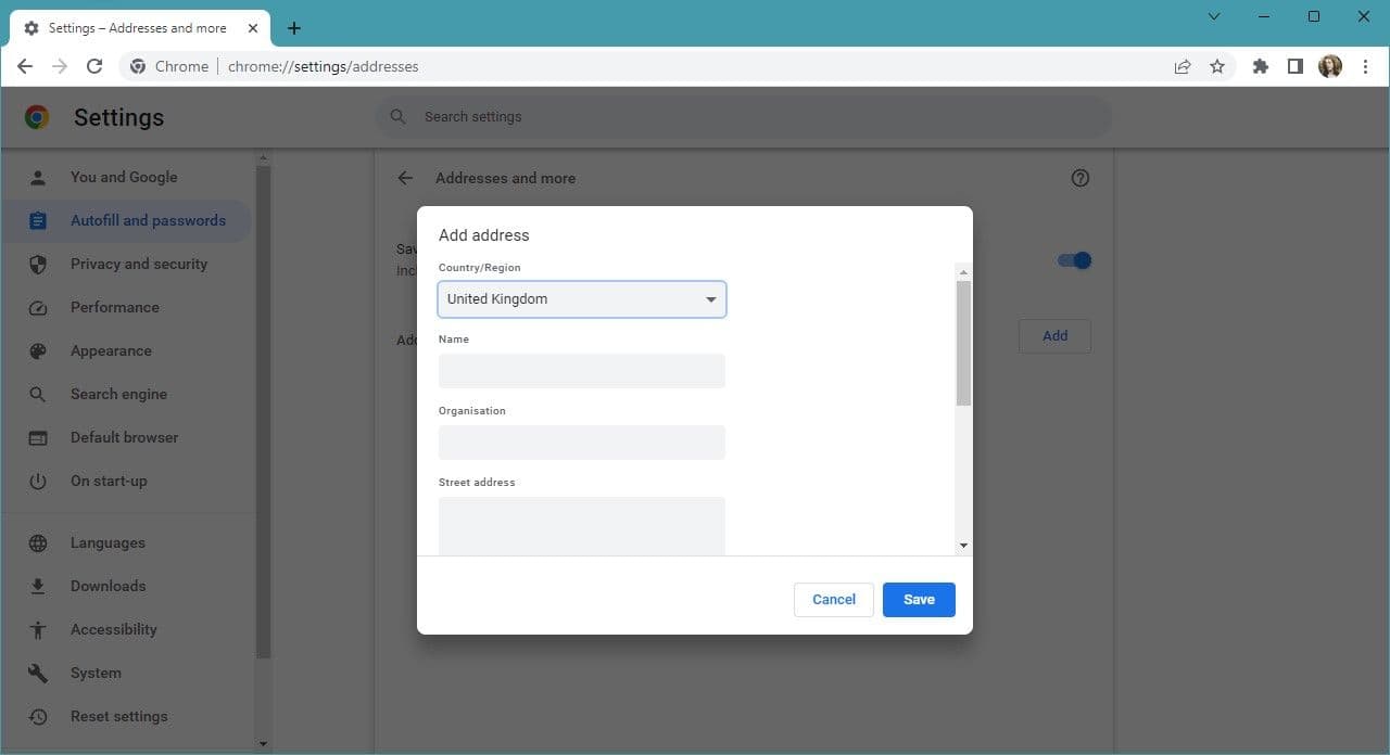 στιγμιότυπο οθόνης του προγράμματος περιήγησης επιτραπέζιου υπολογιστή Google Chrome που δείχνει τη φόρμα προσθήκης διεύθυνσης