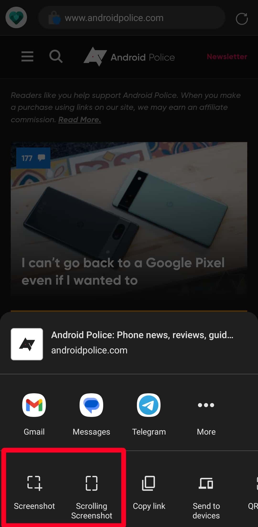 Επιλογές στιγμιότυπου οθόνης στην εφαρμογή Microsoft Edge για κινητά