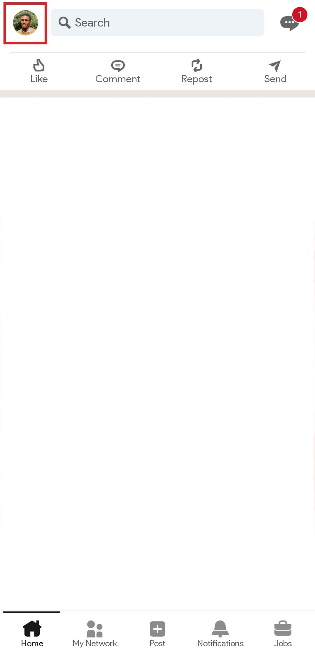 Ένα στιγμιότυπο οθόνης που επισημαίνει τη θέση της εικόνας προφίλ στην εφαρμογή LinkedIn για κινητά