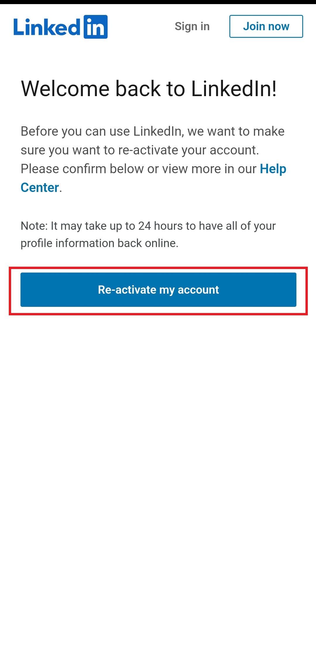 Κουμπί επανενεργοποίησης λογαριασμού LinkedIn στην εφαρμογή για κινητά