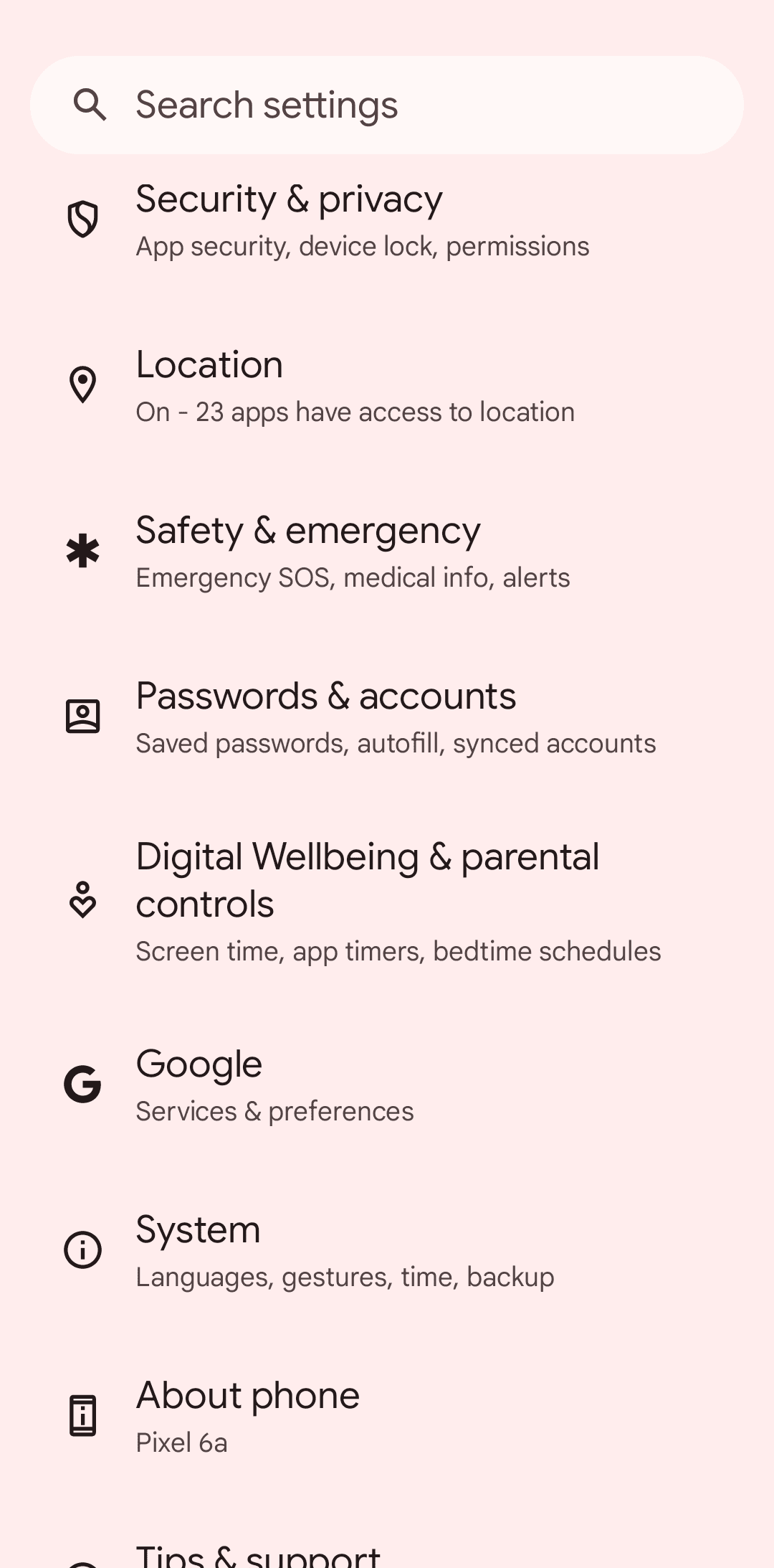 Στιγμιότυπο οθόνης των ρυθμίσεων Google Pixel