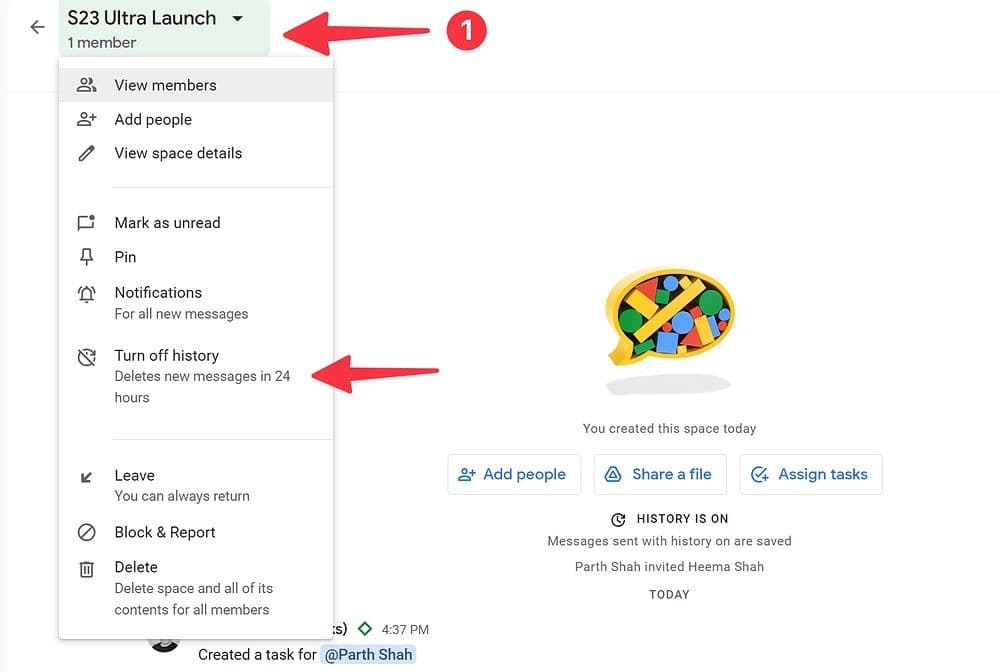 απενεργοποιήστε το ιστορικό στο Google Spaces