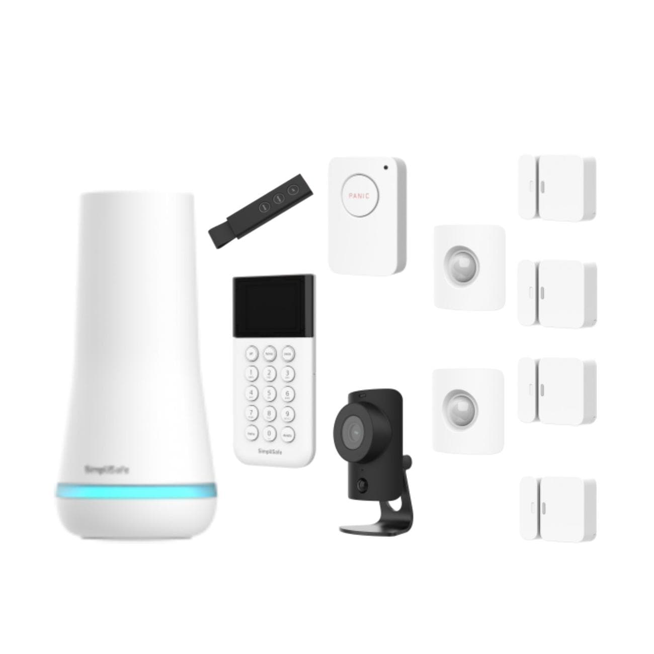 SimpliSafe 12-Piece Wireless Home Security System including hub, keypad, keyfob, sensors, entry monitors, panic button, and HD camera