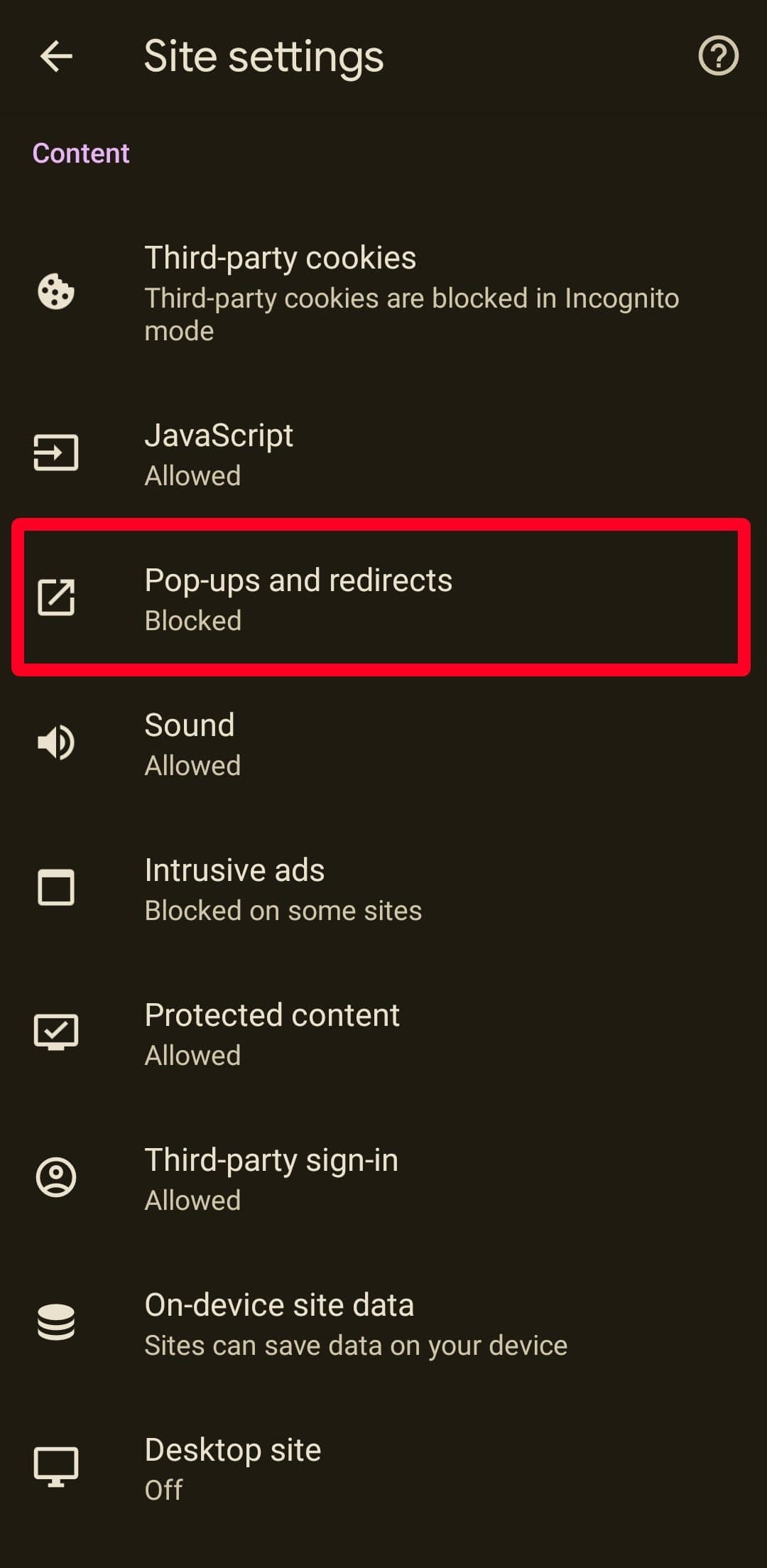 Ρυθμίσεις ιστότοπου στο πρόγραμμα περιήγησης Android Chrome