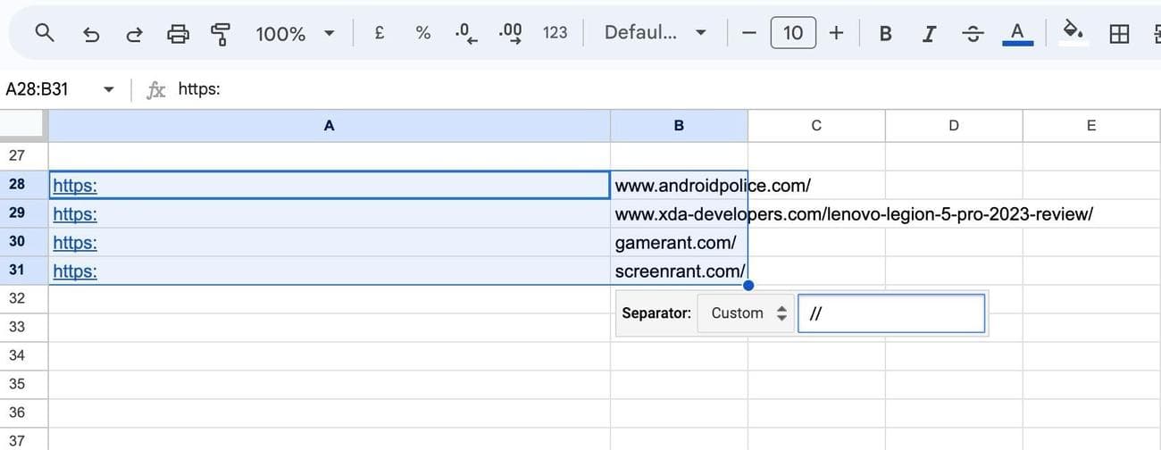 διαίρεση διεύθυνσης URL ιστότοπου στα Φύλλα Google