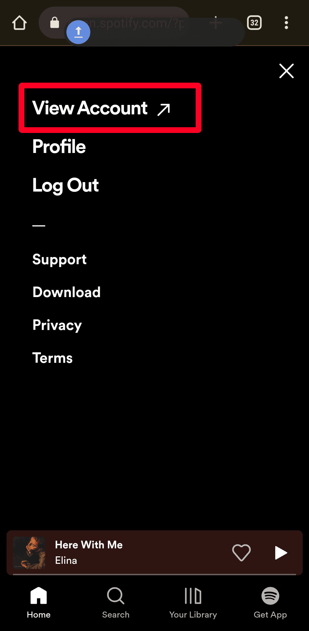Ιστοσελίδα ρυθμίσεων λογαριασμού Spotify στο πρόγραμμα περιήγησης για κινητά Chrome