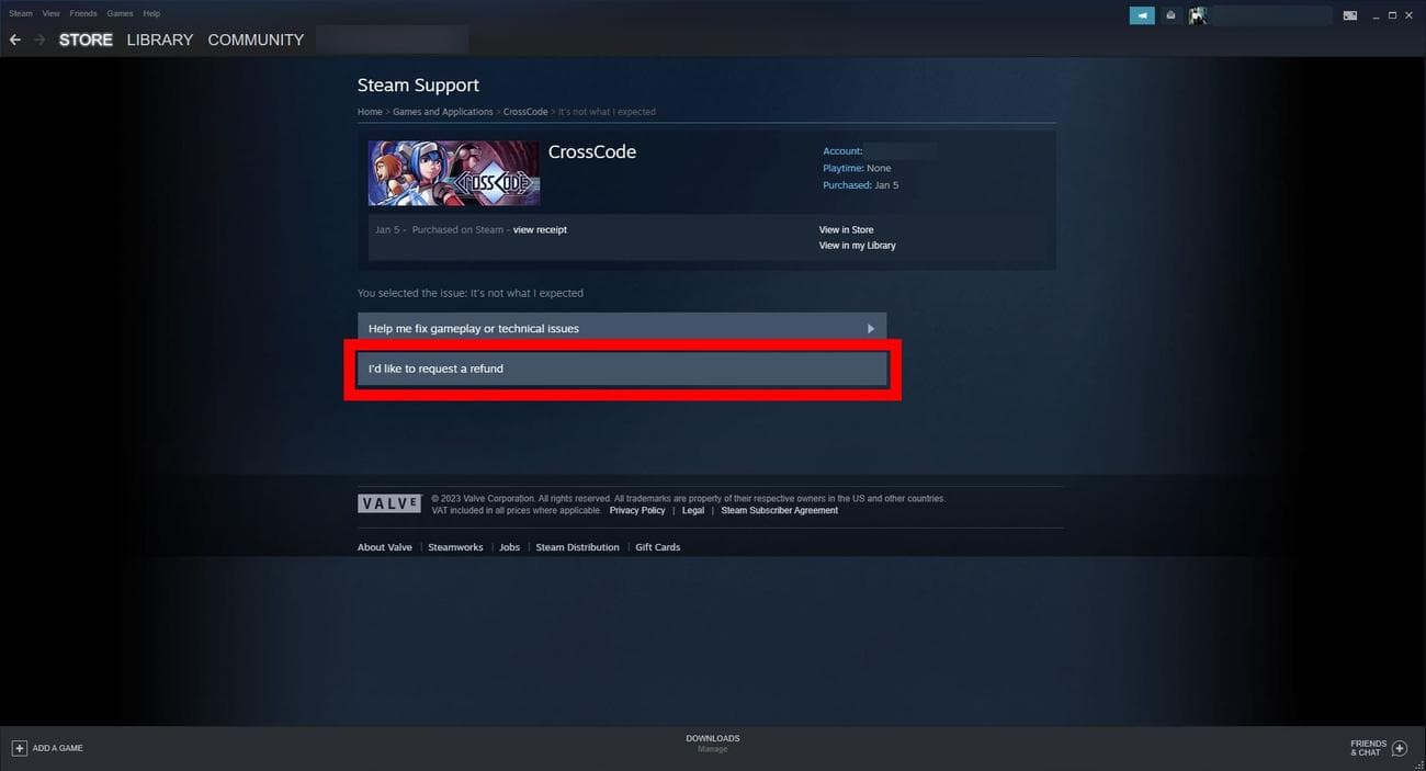Στιγμιότυπο οθόνης της πλοήγησης στην επιλογή επιστροφής χρημάτων μέσω της σελίδας βοήθειας Steam (εφαρμογή Steam για επιτραπέζιους υπολογιστές)