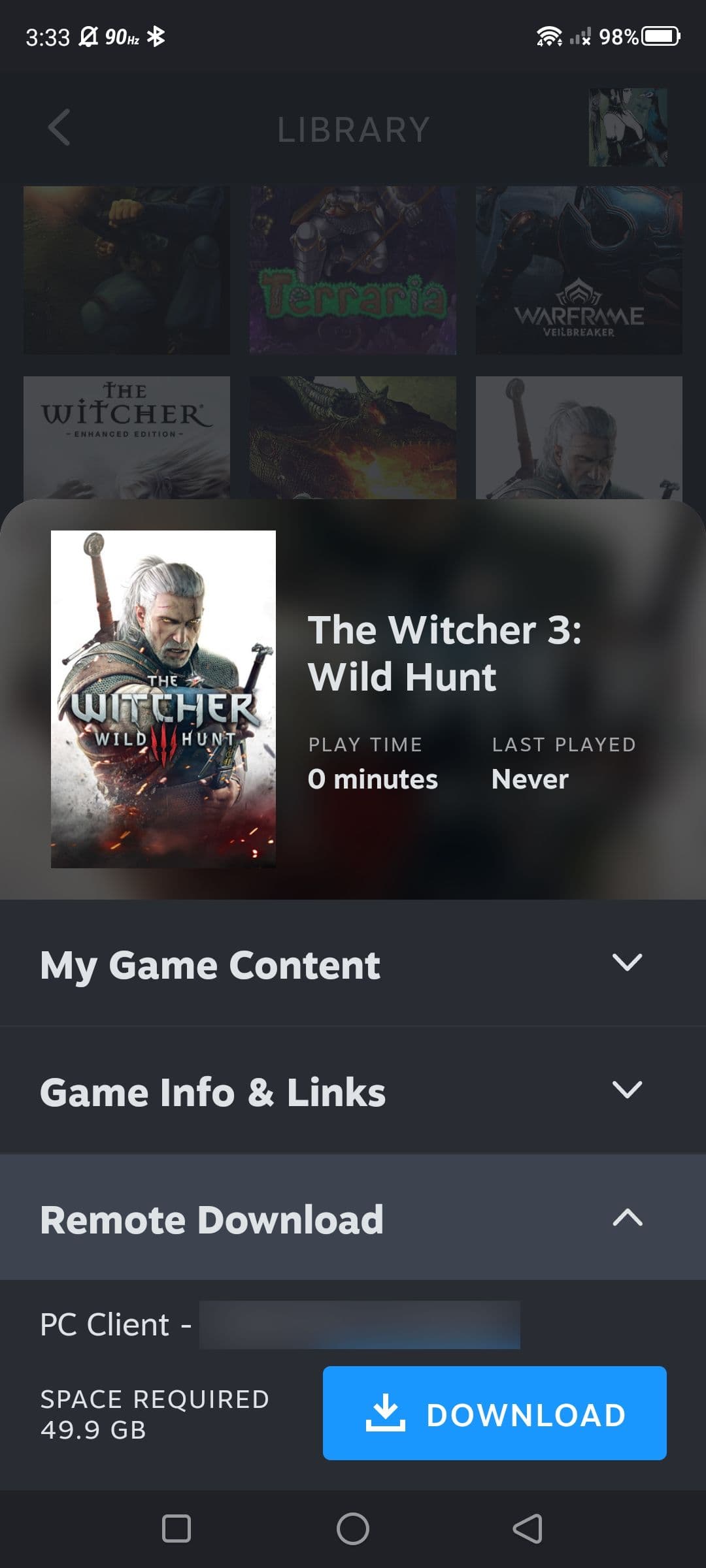 Στιγμιότυπο οθόνης που δείχνει το κουμπί απομακρυσμένης λήψης κατά την προεπισκόπηση της βιβλιοθήκης σας στην εφαρμογή Steam