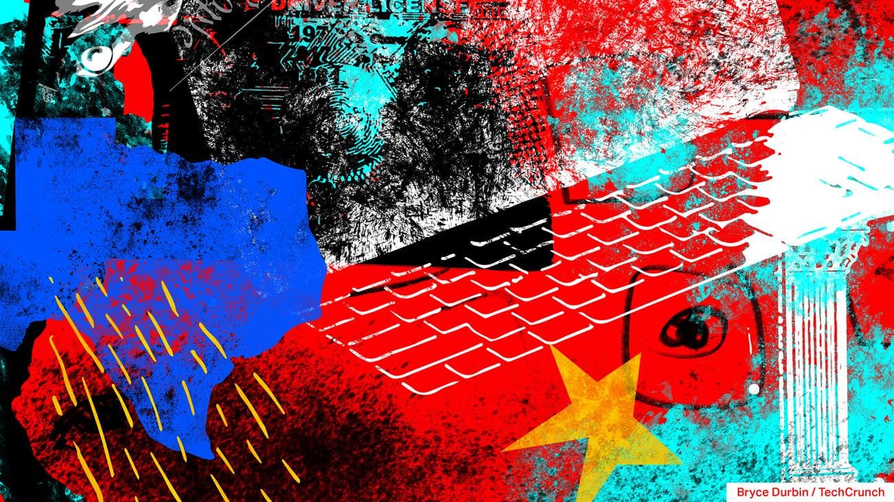 a photo of a keyboard on a colorful red and blue background with map shape outlines