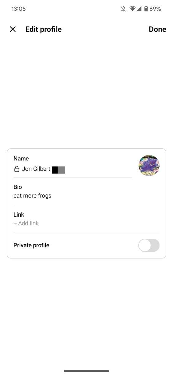 στιγμιότυπο οθόνης νημάτων επεξεργασία σελίδας προφίλ με εναλλαγή απορρήτου