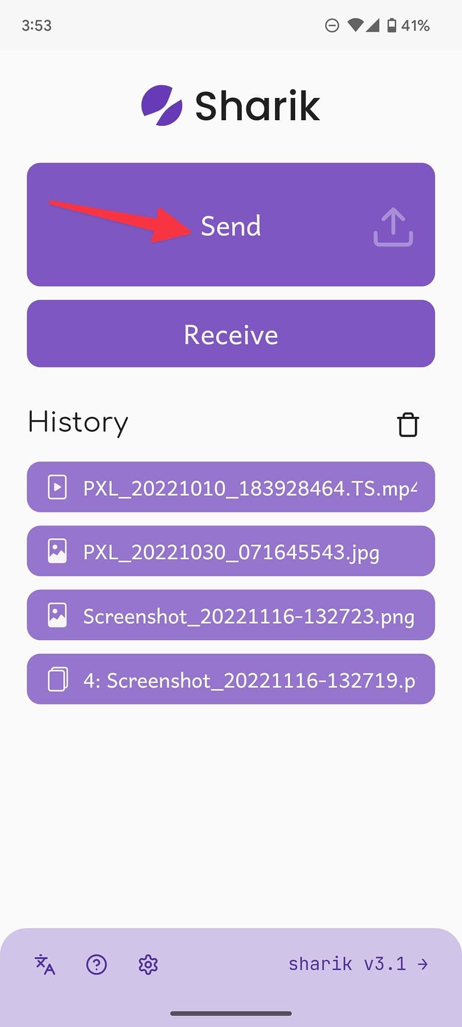Screenshot of Send option in Sharik