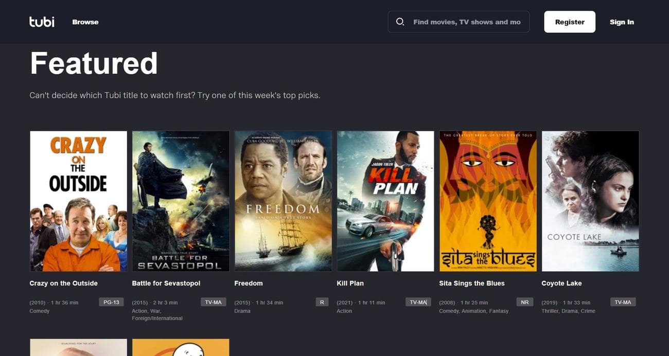 Η πιο δημοφιλής σελίδα του tubi tv με πολλές αφίσες ταινιών και σειρών στην οθόνη