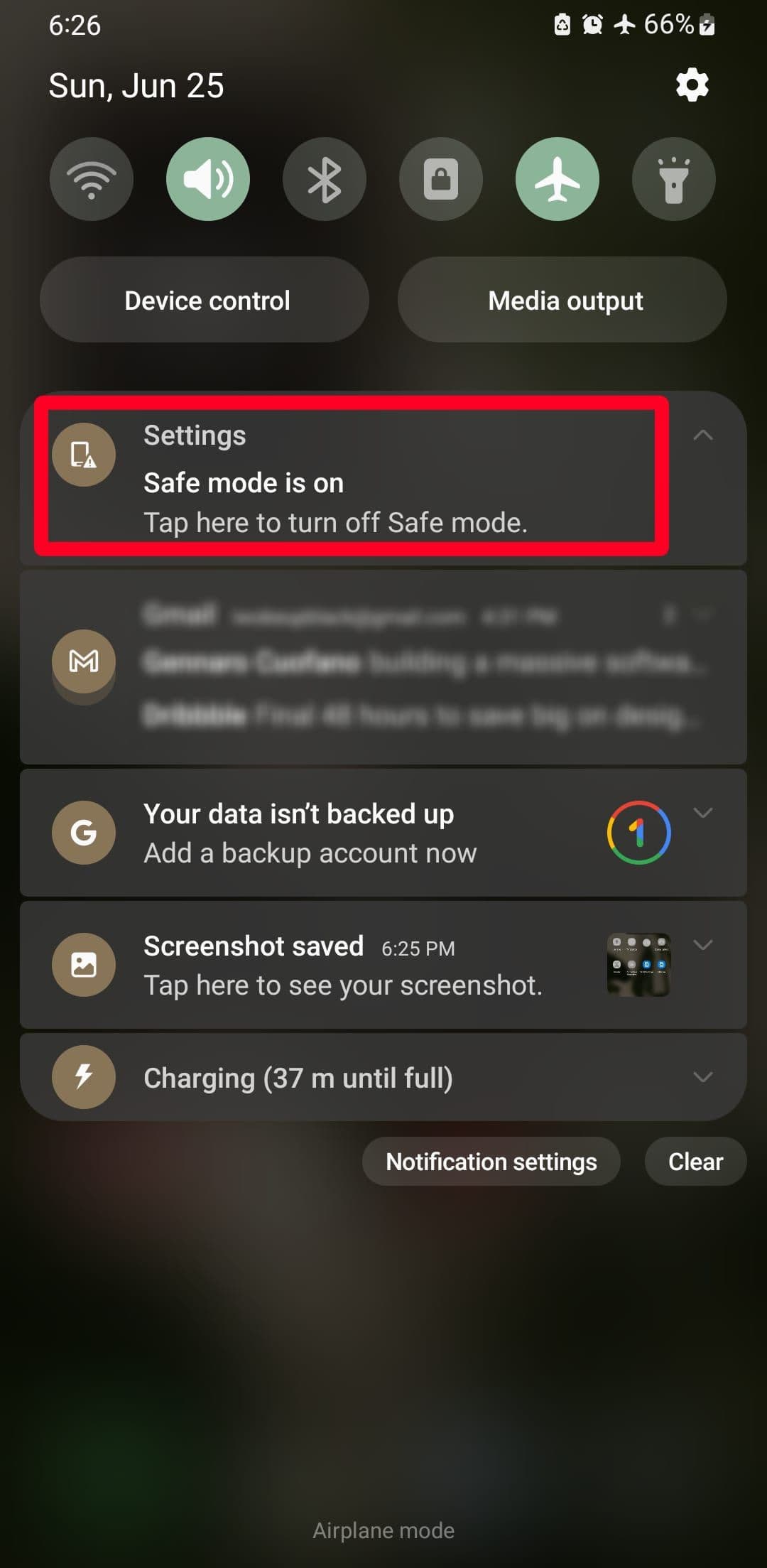 Turning off Android Safe mode from the notifications panel