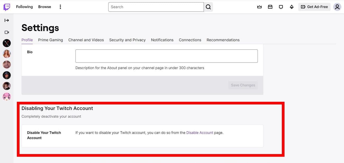 Κόκκινο ορθογώνιο περίγραμμα στην υποενότητα Απενεργοποίηση του λογαριασμού σας Twitch στο Google Chrome
