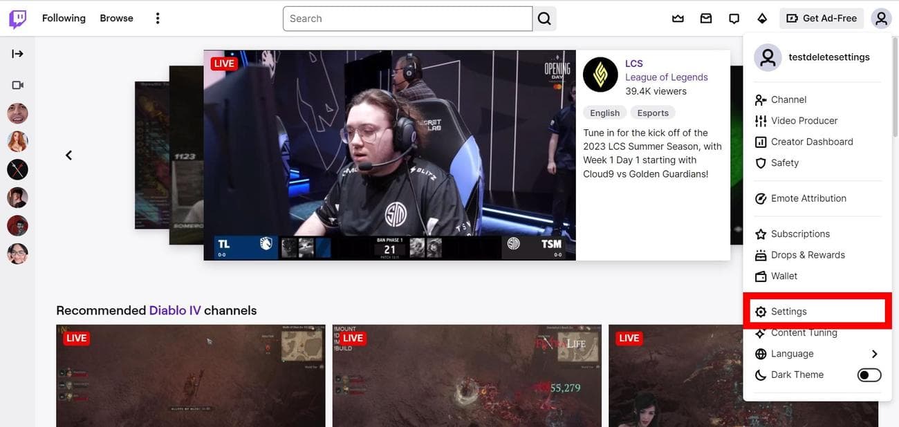 Κόκκινο ορθογώνιο περίγραμμα Ρυθμίσεις Twitch στο Google Chrome